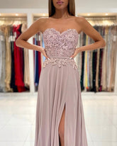 Elegant Sweetheart Appliques A-Line Ruffles Floor-length Prom Evening Dresses With Side Slit